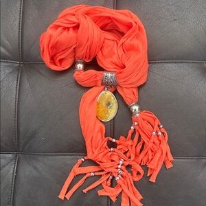 Orange Scarf Necklace with Stone Pendant